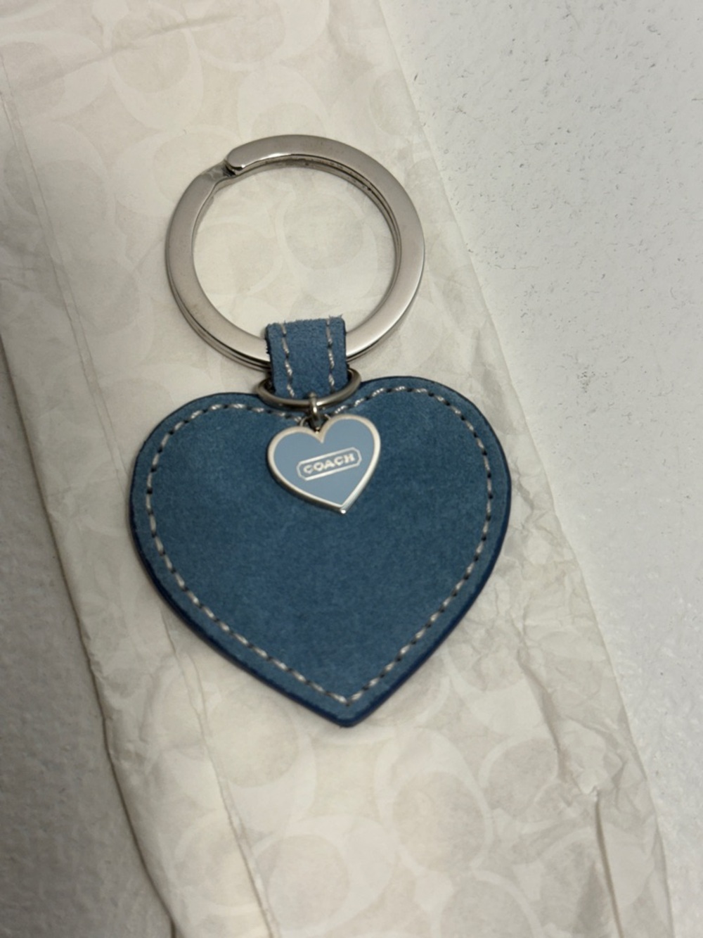 Blue Coach suede heart charm/keychain